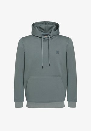 Heled halli-roheline kapuutsiga sweatshirt, millel on ees kanna tasku, nööriga kapuuts ja väike ruudukujuline logo rinnal.