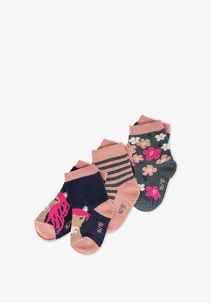 Set of three pairs of toddler socks featuring various designs: navy with horse graphic, pink-striped, and floral pattern on green background.
