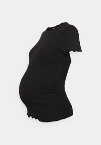 Svart ribbad amningströja med korta, vågiga ärmar, figurnära design och rynkade sidodetaljer för att rymma en växande mage.