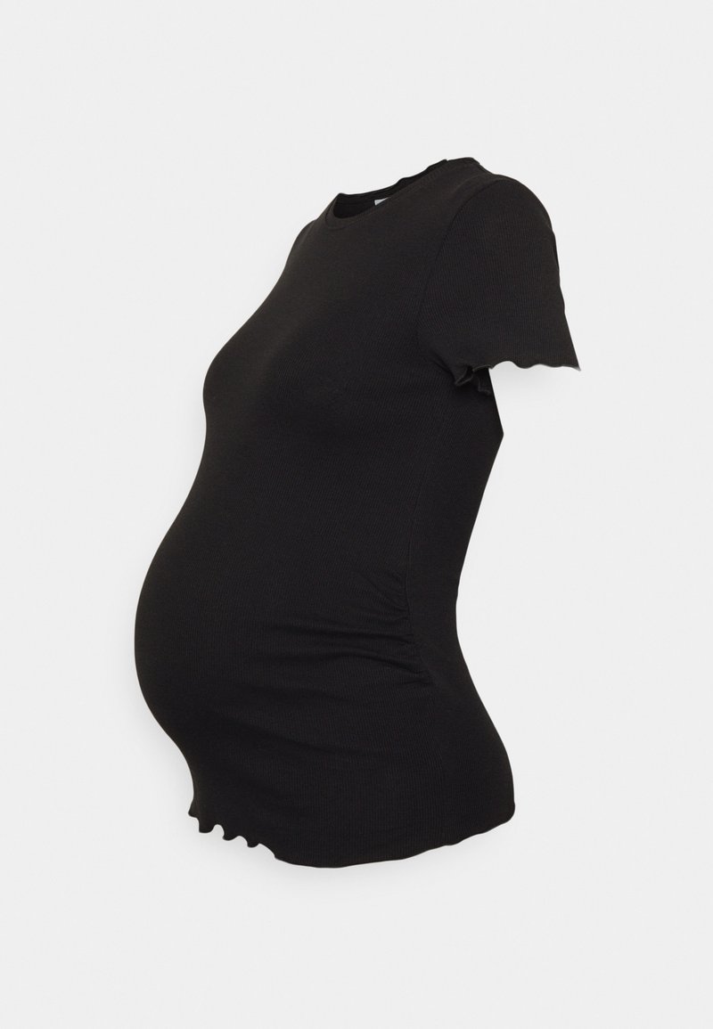 Černé těhotenské tričko s ribovaným vzorem, krátkými zvlněnými rukávy, přiléhavým střihem a našitými bočními detaily pro pohodlné nošení rostoucího bříška.