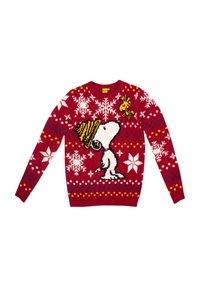 Maglione lavorato a maglia rosso con un design di Snoopy, fiocchi di neve e un'ape. Motivo testurizzato con accenti bianchi, gialli e blu. Collo rotondo.