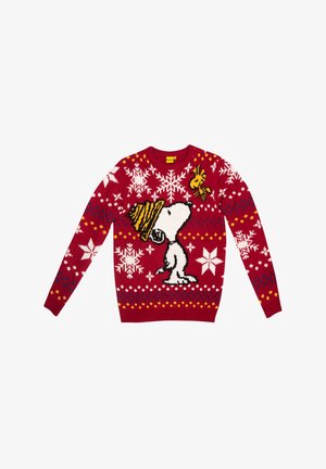 Maglione lavorato a maglia rosso con un design di Snoopy, fiocchi di neve e un'ape. Motivo testurizzato con accenti bianchi, gialli e blu. Collo rotondo.