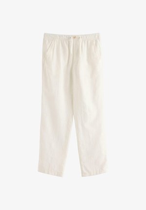 Løse offwhite bukser med elastisk taljebånd, knap- og snørrelukning samt sidelommer.