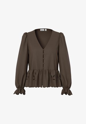 Bruine blouse met lange mouwen, V-hals, knoopsluiting aan de voorkant, gerimpelde manchetten, gegolfde zoom en uitgesneden bloemenborduursel langs de taille.