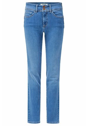 Light blue denim jeans with a slim straight fit, featuring five pockets and a brown button closure at the waistband.