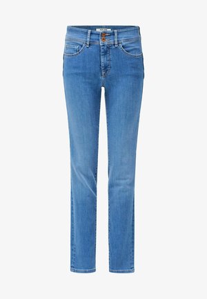 Light blue denim jeans with a slim straight fit, featuring five pockets and a brown button closure at the waistband.