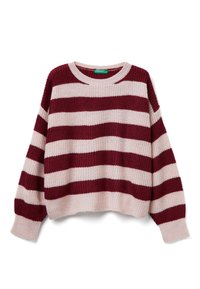 Pohodlný pletený svetr s širokými horizontálními pruhy v burgundské a světle růžové barvě, dlouhými rukávy a kulatým výstřihem.