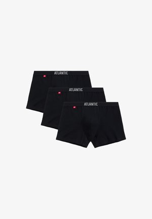 Trzy pary czarnych bokserów wykonanych z bawełny, z miękkim paskiem w talii, na którym w szarym kolorze widnieje napis "ATLANTIC" oraz mała czerwona metka.