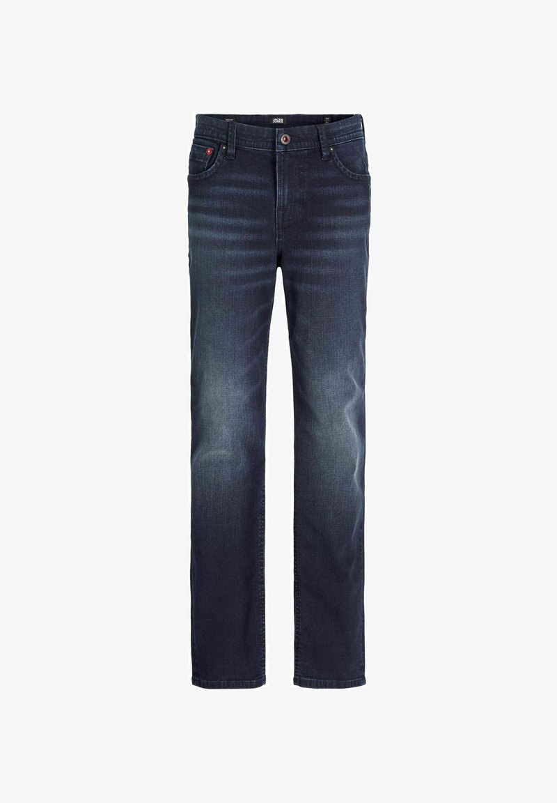 Tumedat sinised teksad sirge jala lõikega, kuhu kuulub kulunud disain, viis taskut ning nööp sulgemine kontrastse punase aktsendiga.