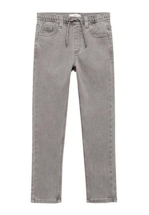 Pantaloni in denim grigio con vita regolabile tramite cordino, cinque tasche e design a gamba dritta. Texture liscia e dettagli di cucitura sottili.
