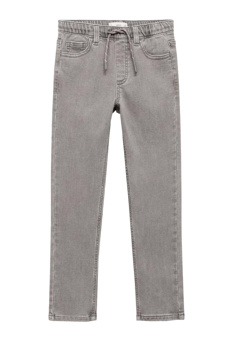 Sive jeans hlače z vrvico v pasu, petimi žepi in ravnim krojem. Gladka tekstura in subtilne podrobnosti šivanja.