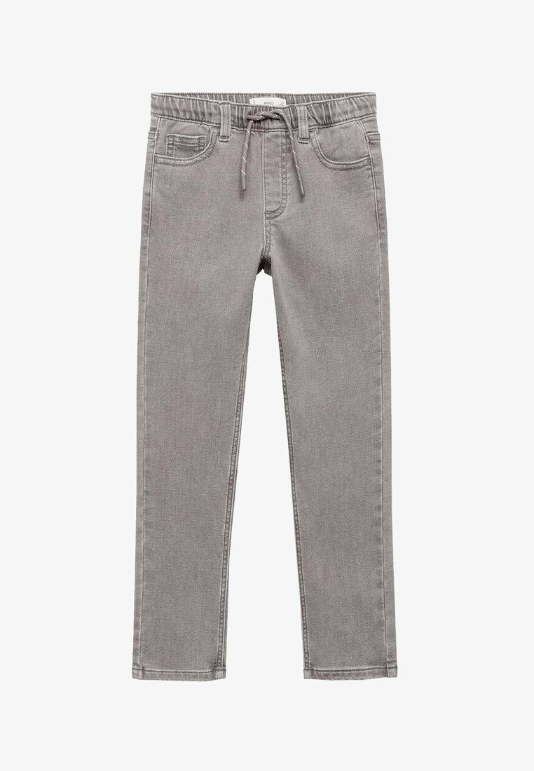 Pantaloni in denim grigio con vita regolabile tramite cordino, cinque tasche e design a gamba dritta. Texture liscia e dettagli di cucitura sottili.