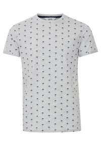 Grå bomulds t-shirt med korte ærmer, prydet med et gentaget mønster af marinefarvede palmer over det hele og med en rund halsudskæring.
