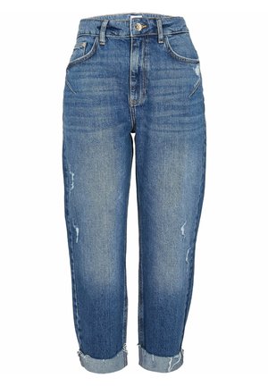 Blå højtaljede cropped jeans med opkørte manchetter, let slid på lår og knæ, foran knaplukning og fem lommer.