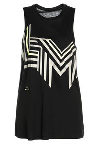 Black sleeveless top made of soft fabric featuring geometric white and neon green patterns on the front; rounded neckline and loose fit design.