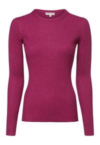 Dopasowany sweter z długim rękawem wykonany z prążkowanego dzianiny w żywym różowym kolorze, z okrągłym dekoltem i miękką fakturą. Metka z napisem "Marie Lund".