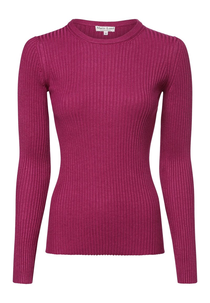 Dopasowany sweter z długim rękawem wykonany z prążkowanego dzianiny w żywym różowym kolorze, z okrągłym dekoltem i miękką fakturą. Metka z napisem "Marie Lund".