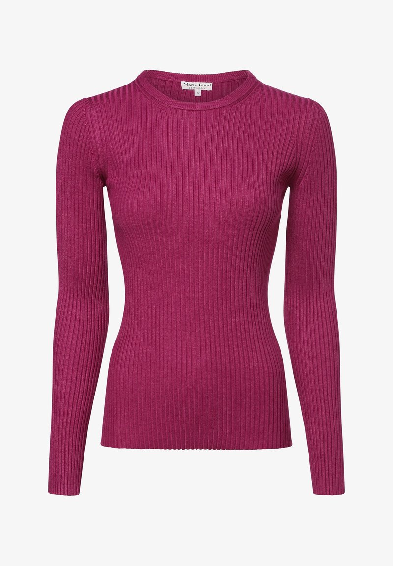 Dopasowany sweter z długim rękawem wykonany z prążkowanego dzianiny w żywym różowym kolorze, z okrągłym dekoltem i miękką fakturą. Metka z napisem "Marie Lund".