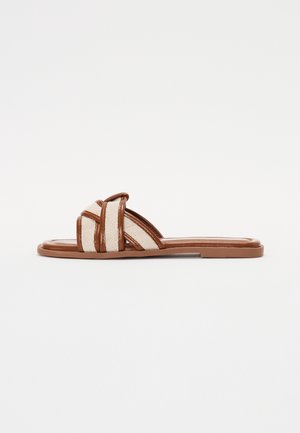 Brown flat slide sandal with textile straps featuring a woven pattern and a smooth rubber sole. Minimalist design with an open toe.