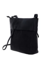 Borsa a tracolla nera con parte superiore in morbida pelle e parte inferiore in tessuto testurizzato, dotata di tracolla regolabile e design minimalista.