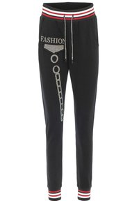 Schwarze Jogginghosen mit einer taillierten Passform, ausgestattet mit einem Strass-„FASHION“-Grafikdesign und einem gestreiften, elastischen Bund mit roten und weißen Akzenten.