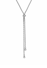 Silbernes Lariatkette mit zwei Ketten, die jeweils in einer runden Perle enden, akzentuiert mit kleinen klaren Steinen, und einem Knoten in der Mitte.