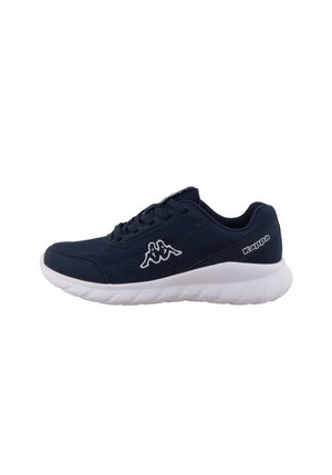 Marineblauer Kappa-Sneaker mit weißer Logo-Stickerei und dicker weißer Sohle, entworfen für Freizeit- oder Sportgebrauch, Seitenansicht.
