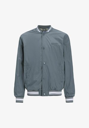 Chaqueta bomber gris hecha de material ligero, con cierre de cremallera en la parte delantera, puños acanalados y un dobladillo elástico con rayas blancas y marinas.