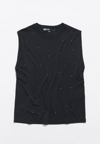 Zwarte mouwloze top van gladde stof, voorzien van verspreide kleine rhinestones voor detail en een ronde halslijn. Casual ontwerp, relaxte pasvorm.
