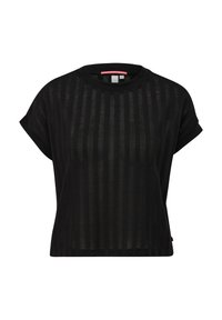 T-shirt noir à manches courtes avec une coupe ample, présentant un motif rayé texturé et un col rond. Tissu doux et léger.