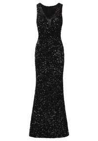 Schwarzes Paillettenkleid mit tiefem V-Ausschnitt, ärmellosem Design und taillierter Silhouette, ausgestattet mit einem ausgestellten Saum für ein elegantes Erscheinungsbild.