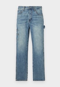 Blå denim cargo bukser med lige ben design, der har for- og sidelommer samt en falmet vask tekstur.
