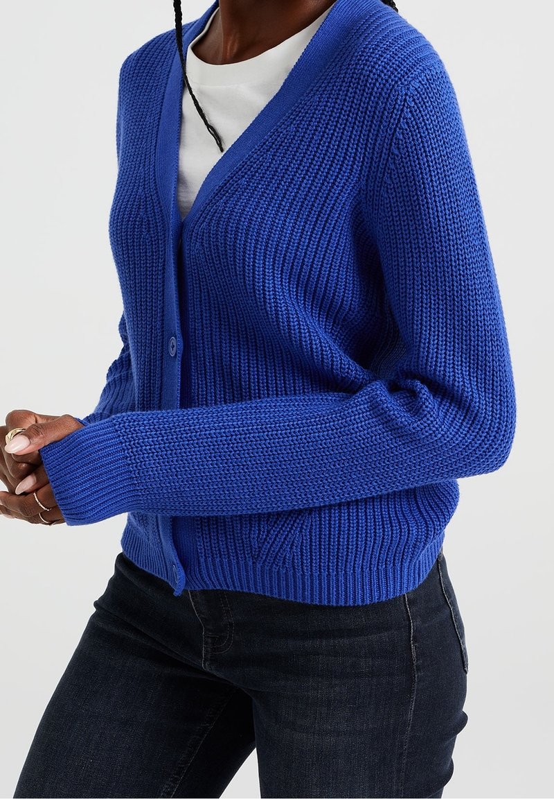 Cardigan tricoté bleu avec un col en V, fermeture à boutons, poignets et ourlet côtelés. Le matériau semble doux et présente un motif texturé.