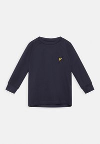 Marineblaues Langarmshirt mit gerippten Bündchen und einem kleinen gelben bestickten Vogel-Logo auf der linken Brust.