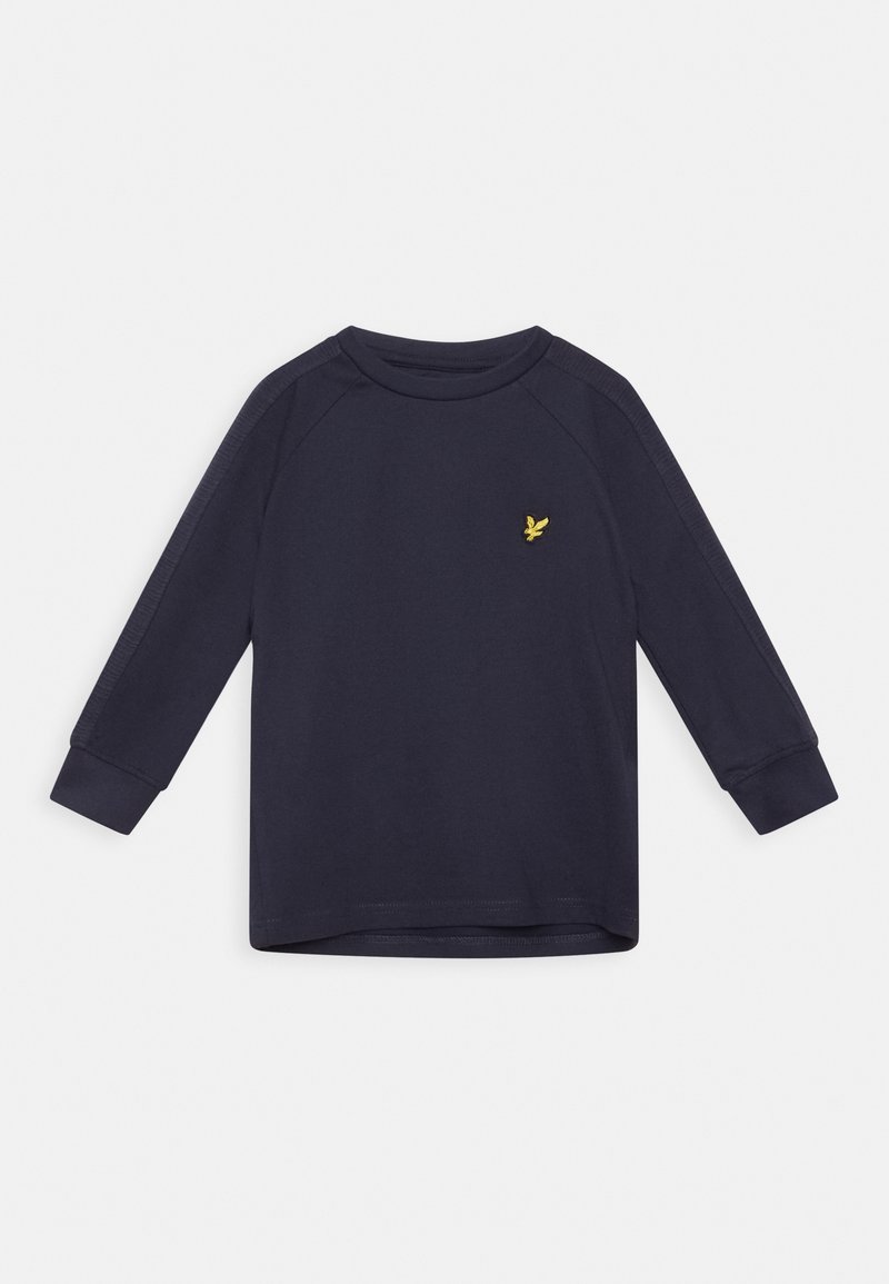 Marineblaues Langarmshirt mit gerippten Bündchen und einem kleinen gelben bestickten Vogel-Logo auf der linken Brust.