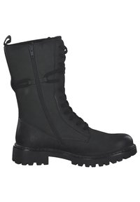Black combat boot with a textured leather upper, lace-up front, side zipper, and thick rubber sole with a rugged tread pattern.