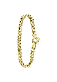 Gouden schakelarmband met schakels die in elkaar grijpen, een gladde afwerking en een veilige sluiting met een decoratieve lus.