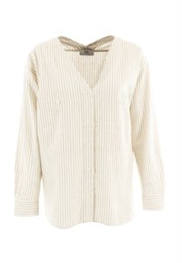 Helle beige Button-up-Bluse mit weißen Streifen, V-Ausschnitt, langen Ärmeln, zwei Brusttaschen und strukturiertem Stoff. Einfaches Design und neutrale Farbe.