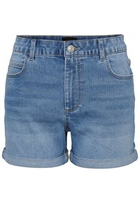 Gaiši zili džinsu šorti ar nedaudz izbalētu apdari, ar salocītu apakšmalu, piecām kabatām un priekšējo pogu aizdari.