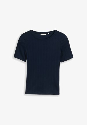 Top azul marino de punto acanalado de manga corta con cuello redondo, mostrado plano sobre un fondo blanco.