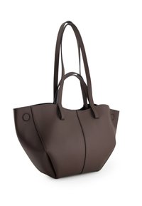 Brown leather tote bag with long handles, structured shape, and visible stitching details. Features round accents on the sides.