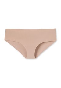 Beige nahtloser Bikini-Slip mit glatter Oberfläche, niedriger Taille und ohne sichtbaren Bund, der sanft abgerundete Seiten und einen abgerundeten Rücken aufweist.