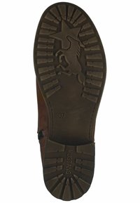 Hnědá kožená bota s texturovanou gumovou podrážkou. Na podrážce je vzor jednorožce a hvězd, na boku je vytištěná velikost 37.