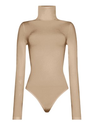 Nude långärmad bodysuit med hög hals, tillverkad av ett mjukt, stretchigt tyg; figurnära design med tångskärning i botten.