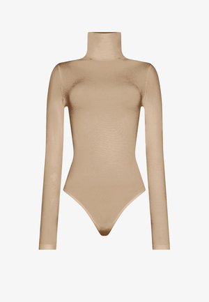 Nude långärmad bodysuit med hög hals, tillverkad av ett mjukt, stretchigt tyg; figurnära design med tångskärning i botten.