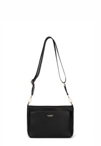 Borsa a tracolla nera in pelle con una texture a ciottoli, hardware dorato e tracolla regolabile; presenta una chiusura con zip e dettagli con logo.