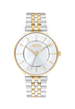 Silberne und goldfarbene Armbanduhr mit rundem Ziffernblatt, gemustertem silbernem Ziffernblatt, goldenen Stundenmarkierungen und einem Armband aus Edelstahl mit goldenen Akzenten.