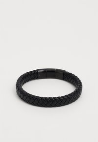 Bracelet en cuir tressé noir avec une finition lisse, doté d'un fermoir magnétique élégant et d'une forme ronde.