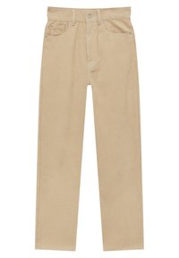 Beige corduroy broeken met een recht model, met vijf zakken en metalen klinknagels, textuur met zichtbare ribbels.