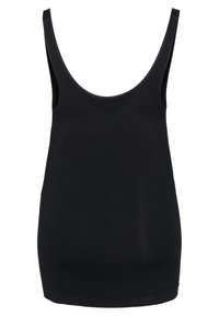 Top nero senza maniche realizzato in tessuto morbido, con spalline larghe, scollatura arrotondata e una forma aderente. Design minimalista senza motivi.
